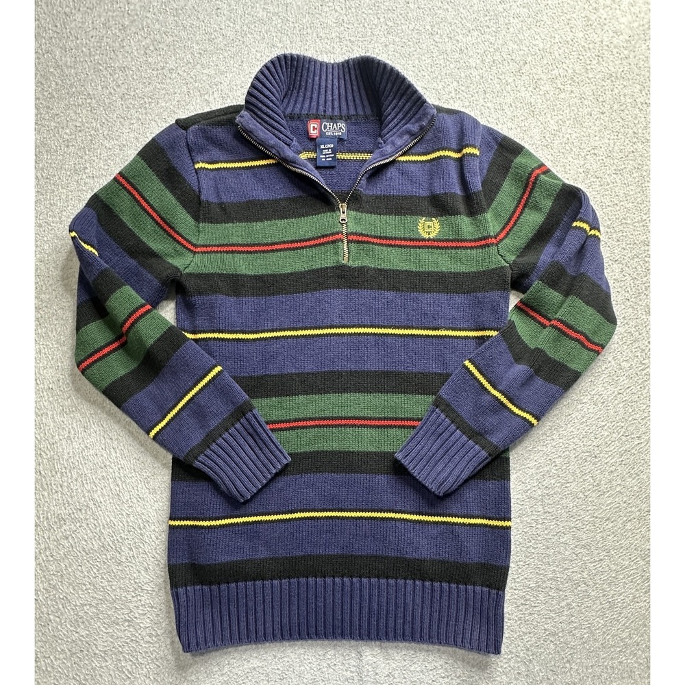 Chaps Sweater Boys XL Striped Blue Green Half Zip Pullover Crest Cotton Casual